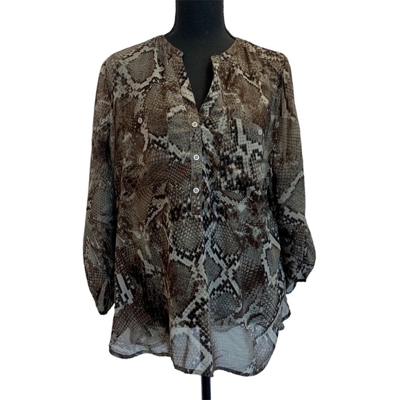 FRED David Khaki brown gray snake print sheer button front blouse Sz L - Picture 2 of 13